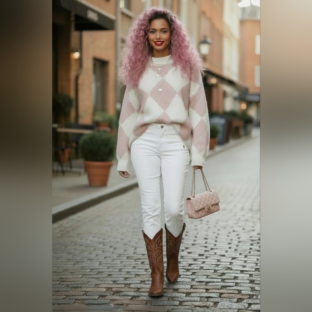 "Sincerely Jules Pink White Argyle Diamond Knit Oversized Sweater Preppy XS/S"